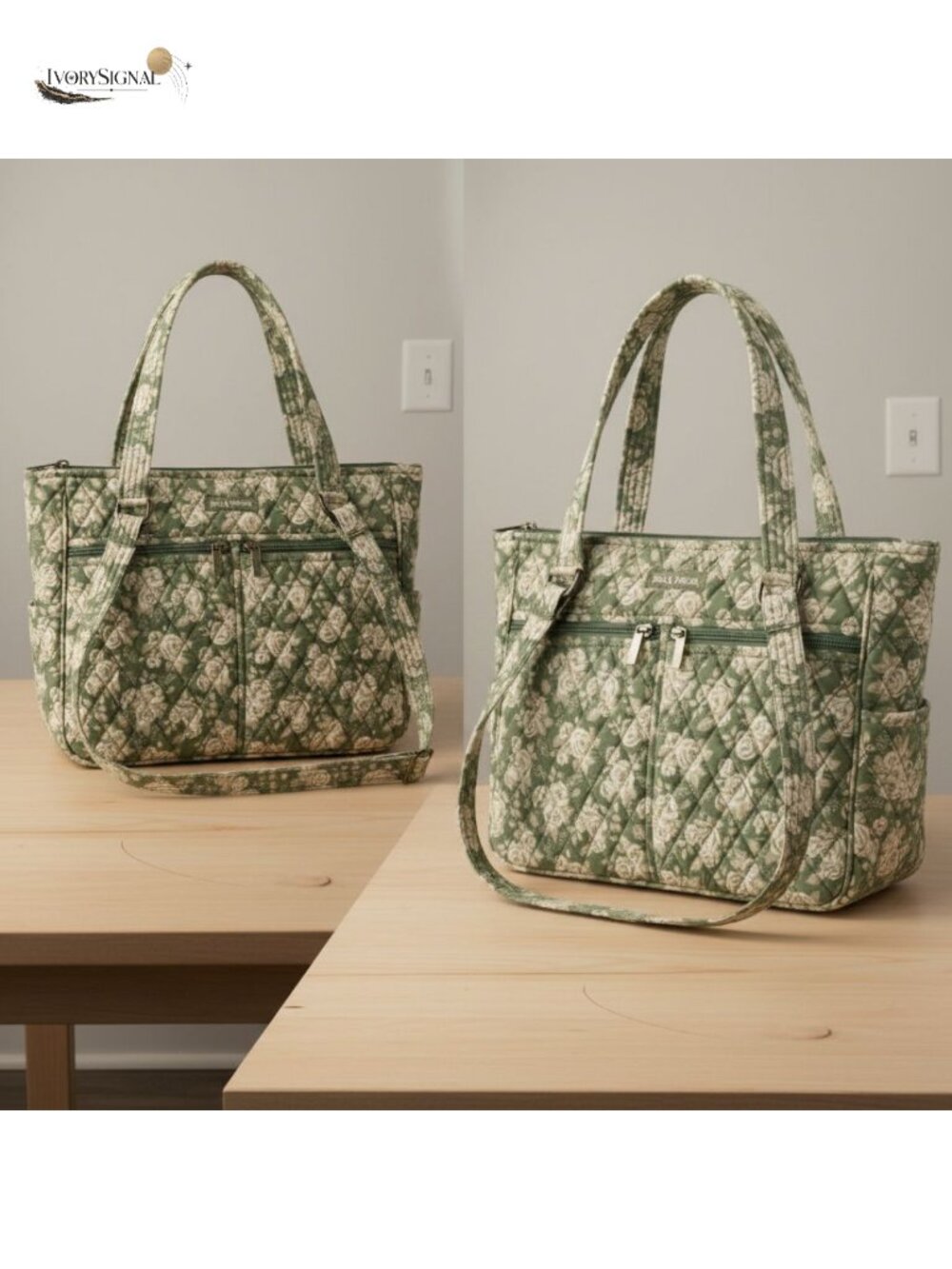 Quilted Cotton Tote Satchel Shoulder Bag with Zip Pockets - 10 Compartments